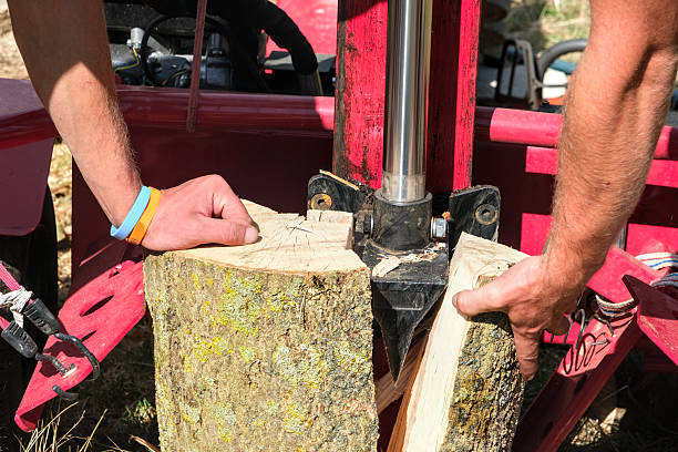 istock Log splitter in action splitting a thick log, with two people operating the machine outdoors on a sunny day. 2226653258