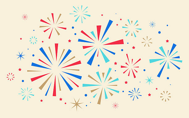 Vibrant and playful retro-style illustration of fireworks in red, blue, teal, and gold tones scattered across a beige background. This festive pattern evokes a nostalgic celebration vibe, perfect for party invitations, holiday greetings, or event backdrops.