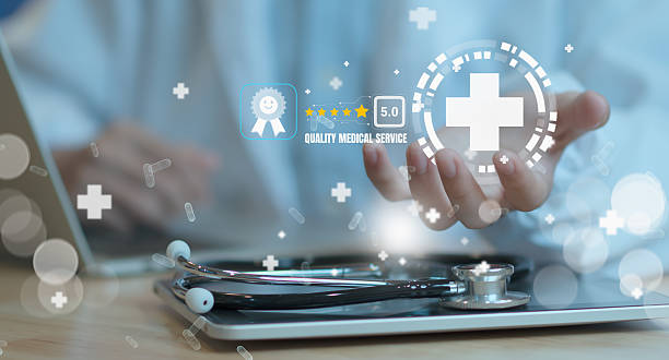 istock Doctor work report with digital healthcare with AI technology,system analysis network connection hologram virtual screen interface,online medical examination analysis report,banner panoramic header. 2226659345