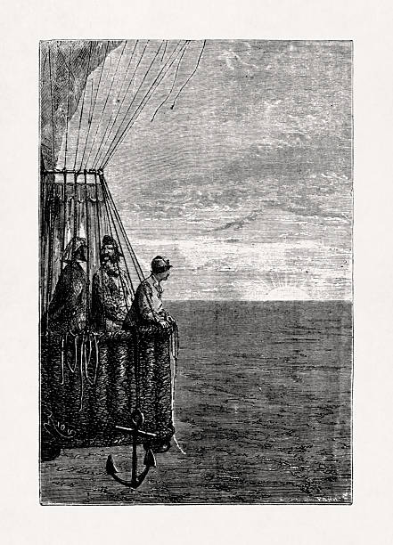 Illustration by Édouard Riou depicting the crew of the Victoria watching the sunset from the book Five weeks in a balloon by Jules Verne.