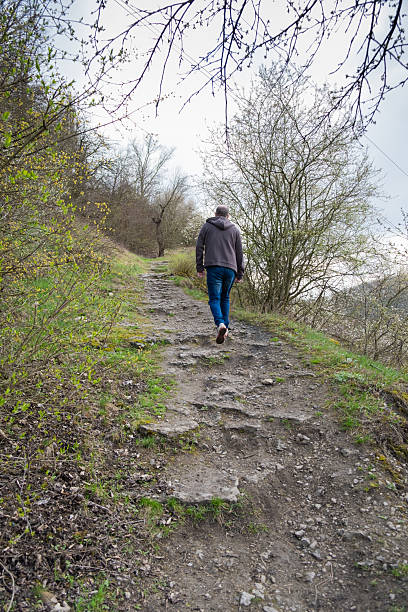 A person walks along a rough, uneven path in a forested area during early spring. The environment includes emerging foliage and a cloudy sky overhead, creating a tranquil vibe.