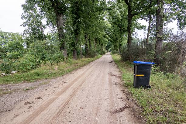 istock Garbage bin standing on a dirt road in a forest 2226672550