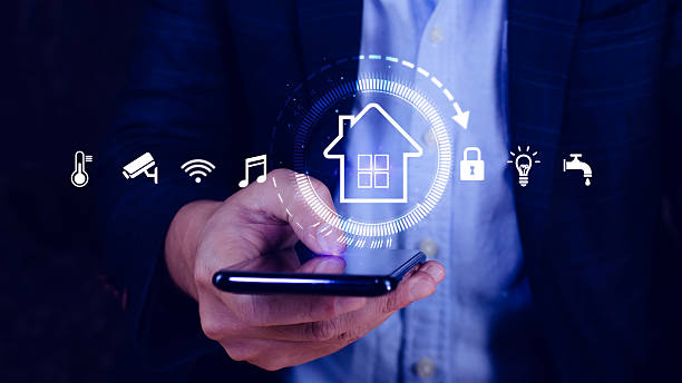 istock Smart home technology, User touches virtual screen manage smart home features including security, lighting, temperature, Smart home and Iot concept. 2226675619