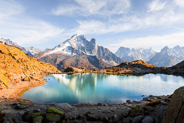Crystal-clear Lac Blanc reflects sky and Mont Blanc range in French Alps