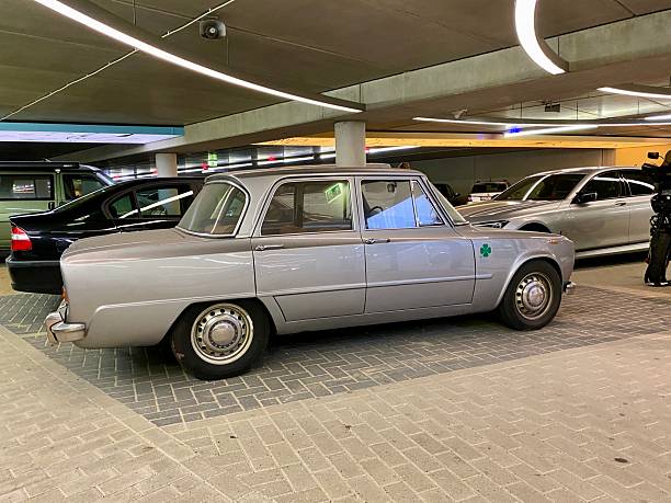Santpoort,  Netherlands - July 11, 2025.   Retro Car in the City Parking Garage.