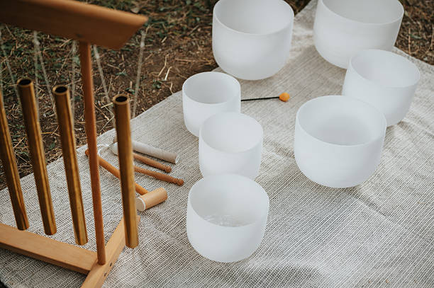 Crystal Singing Bowls In A Sound Healing Therapy Session