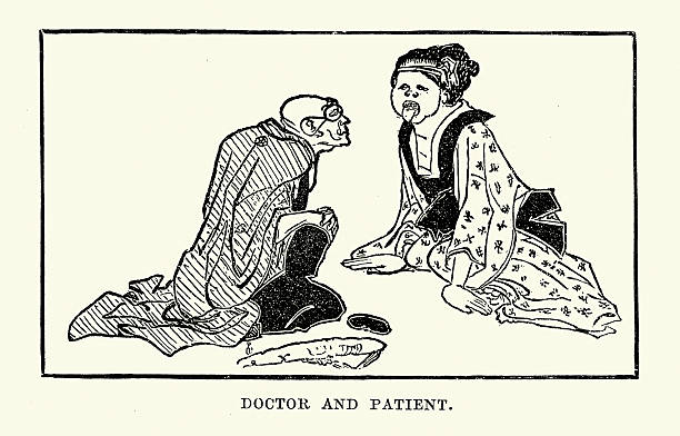 History, Japanese comic art, Cartoon of doctor examining patient's tongue, 19th Century Vintage illustration, 1880s
