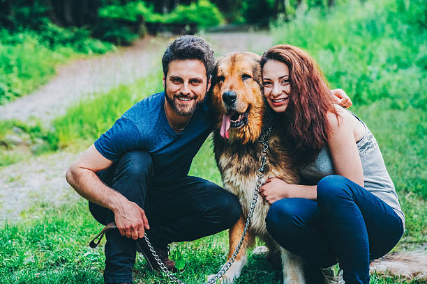 istock Young couple enjoying time in park with dog 2226685099