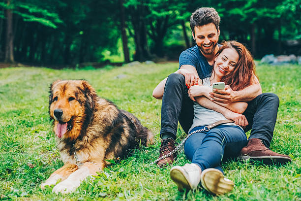 istock Young couple relaxing in park with their dog 2226685200