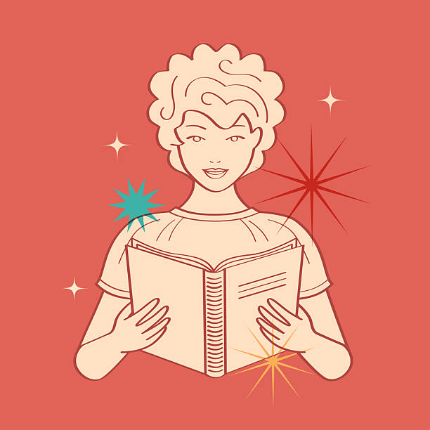 Young woman loving reading book with stars around in red background. Studying immerse in book. Focused mind. Paying attention. Looking at the book. Outline vector illustration.