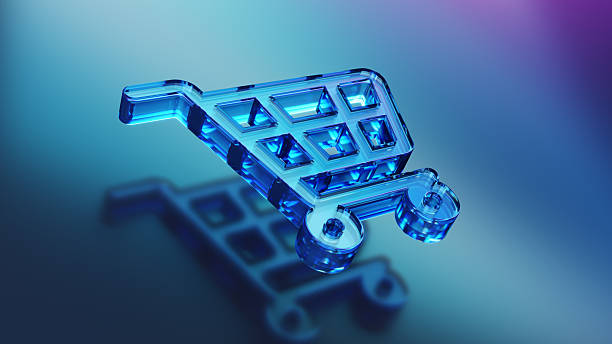 Blue 3D shopping cart icon on gradient background illustrating e-commerce, retail, and digital marketing.