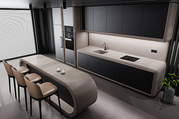 istock Futuristic Kitchen Interior with Rounded Island and Modern Sleek Rounded Design 2226704951
