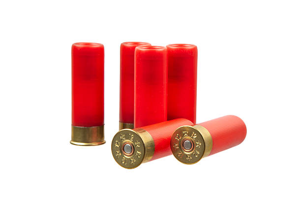istock Six red 12-gauge shotgun shells, some standing and some lying down, on a white background. 2226705282
