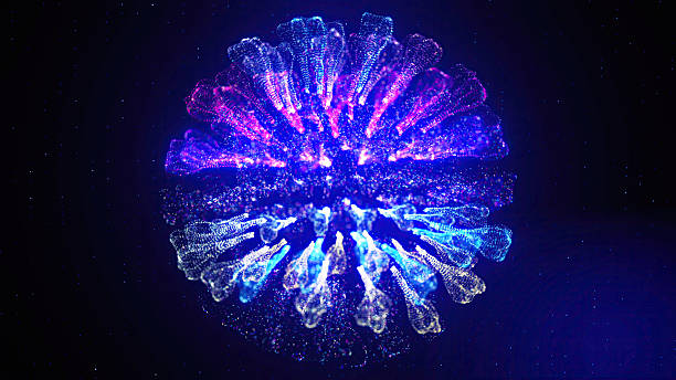 Colorful spherical structure exploding with energy trails. Ideal for representing data networks, innovation, deep tech, or futuristic connectivity.