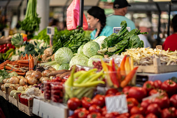 Colorful vegetable stall at farmers market