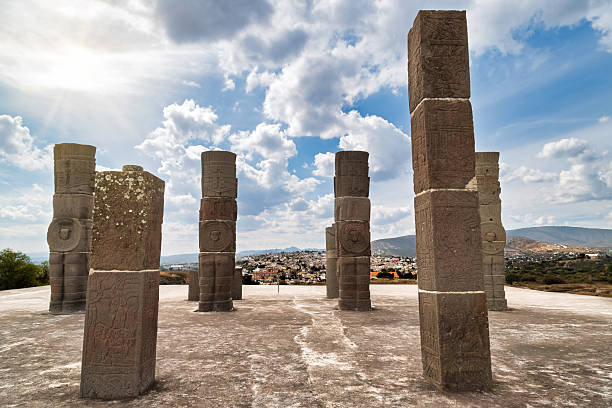 The ruins of an ancient mesoamerican city from the Toltec empire in Tula, Mexico. The remaining columns of the temple are sculptures of warriors sometimes referred to as the Atlantians.