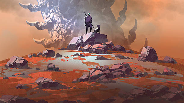 istock Man and Dog Facing Massive Strange Rock Formation in Alien Landscape 2226712776