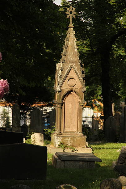 A serene view of Camp Hill Cemetery in Halifax, Nova Scotia, showcasing historic gravestones nestled among mature trees and lush greenery. The peaceful atmosphere and heritage architecture reflect the city's rich history and quiet reverence.