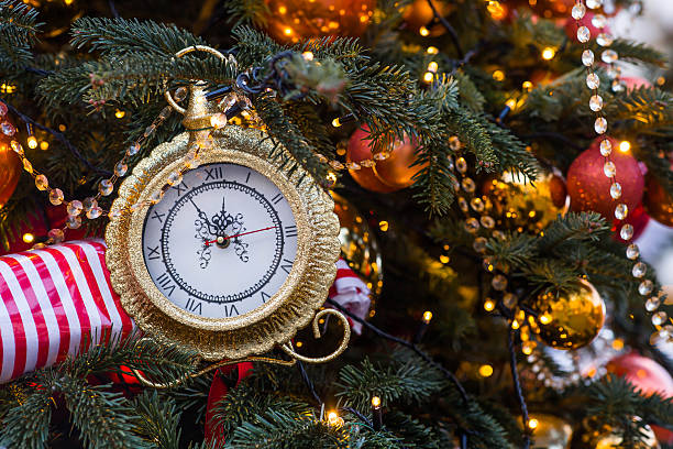 istock The clock hands on the dial show 12 o'clock. Golden retro clock on a Christmas tree. Beautiful background for New Year's Eve or Christmas 2026. 2226726467