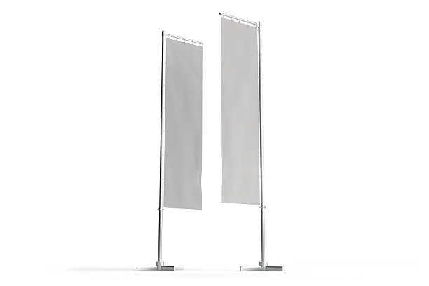 istock 3D Flying Feather Flag Banner Stand Mockup isolated on background. Blank template waving flags on flagpoles for branding, promotion, marketing, advertising, banners, exhibition, event or announcement 2226726520