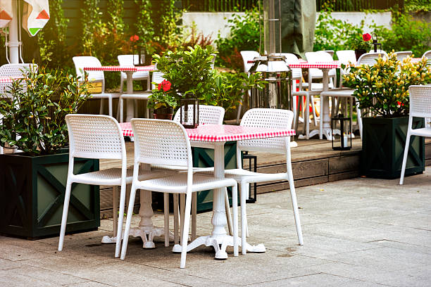 istock Chairs and tables. Abandoned sidewalk cafe autumn morning 2226742881