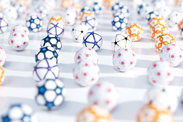 A large array of randomly spaced generic football soccer balls create a clear circular area in the centre - 3D render