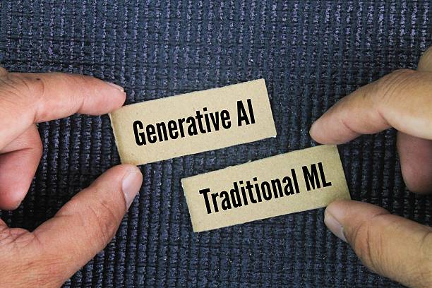 istock Two words Traditional ML and Generative AI. Generative AI produces new content, such as text, images, Generative AI and Machine Learning represent two pivotal, yet distinct, methodologies under the AI umbrella 2226748001