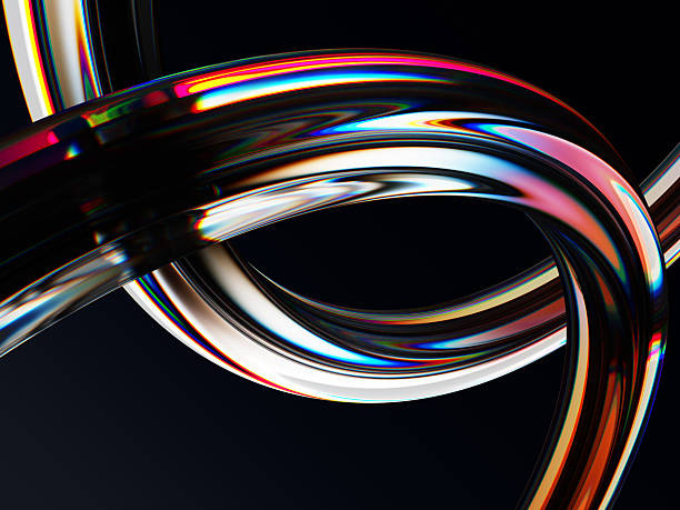 istock 3d liquid glass wave lines with neon rainbow light gradient and motion effect. Abstract black background with chromatic fluid flow curve shapes render. Iridescent water ribbon pattern 2226750071