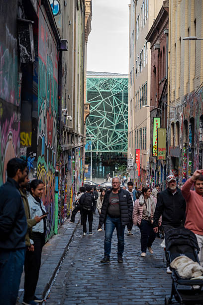 Melbourne, Australia - July 12, 2025: Hosier Lane is renowned for its vibrant street art and graffiti-covered walls. This laneway is a popular tourist destination, showcasing murals created by local and international artists.