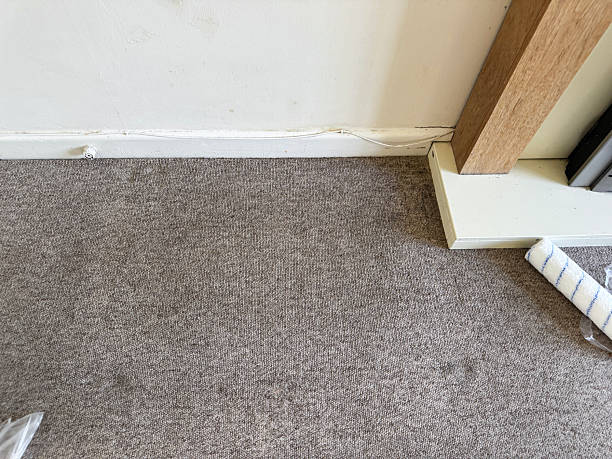 istock Image of brown, beige flecked loop carpet showing dirt before cleaning during redecorating, painting process in home interior 2226754127