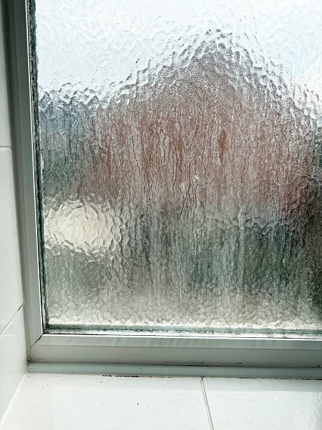 istock Image of frosted double glazed bathroom window with condensation, limescale marks, moisture buildup, and mildew 2226754688