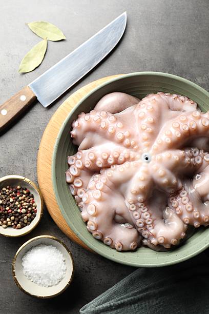 istock Raw octopus in bowl, peppercorns and salt on grey textured table, flat lay 2226758718