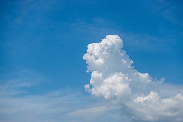 Tall cumulus white cloud rising into a bright blue sky with wispy cirrus clouds below
