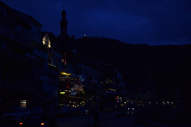 Cochem, Germany - December 06/2024: Christmas lights on the bars street in Cochem