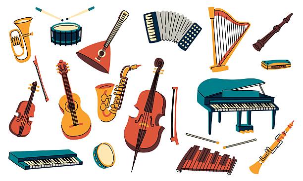 istock Musical instruments, a set of colored flat illustrations. Guitar, synthesizer, violin, cello, drum, cymbals saxophone, accordion, piano, harp, harmonica, balalaika, cello, pipe, xylaphone. Vector 2226759817