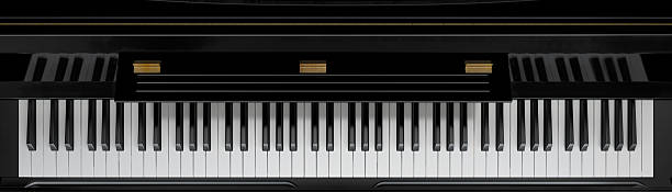 Top view of elegant black and white piano keys in horizontal layout.
