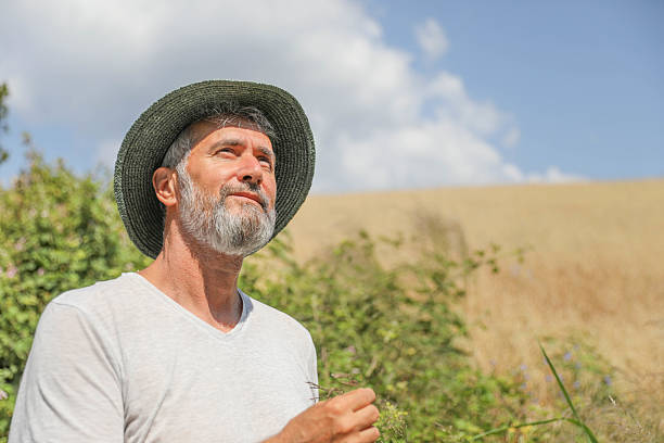 Cheerful Older Man with Gray Beard and Straw Hat Standing Outdoors in a Rural Field Under Blue Sky. Captures Joyful Expression and Peaceful Summer Atmosphere, Perfect for Themes of Retirement, Rural Life, or Outdoor Relaxation.