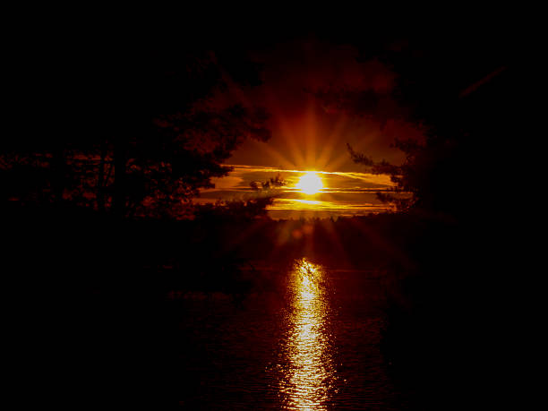 The sun is casting a warm amber glow as it sets over a tranquil body of water, painting the sky with vibrant hues of orange and pink