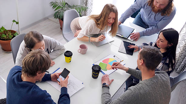 istock Teamwork. A group of students is sitting at a table and working on a project. There are cups of coffee on the table 2226781057