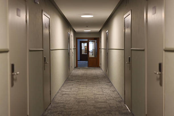 A stylish and modern hotel corridor that features welllit doors along with a plush, carpeted floor