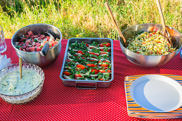 Colorful salads in metal bowls and stacked plates on a red picnic tablecloth in garden party