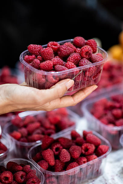 Close-up of hand holding raspberries