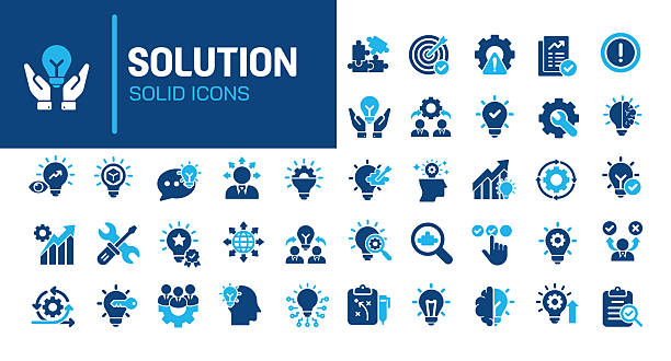 stockillustraties, clipart, cartoons en iconen met solution glyph solid icons. containing problem solving, advice, idea solid icons collection. vector illustration. perfect pixel on clean white background - oplossing