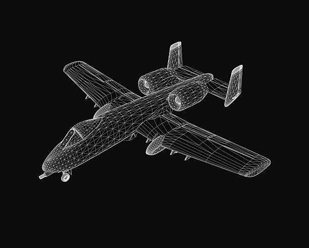 istock A combat aircraft wireframe model displays intricate details of wings, tail, and engines on a black background. The 3D rendering provides a realistic and technical view of the plane's structure. 2226798147