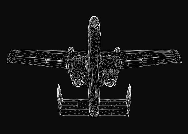 istock A 3D model of a combat aircraft displayed in wireframe style on a black background. 2226798362