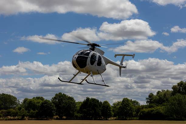 A white helicopter flying over a grassy field with a clear blue sky and fluffy clouds, surrounded by trees.