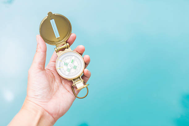 istock Compass in girl hand over blurred blue water background 2226806735