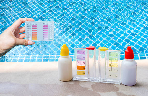 istock Liquid water testing test kit on swimming pool edge over clear water background 2226806867