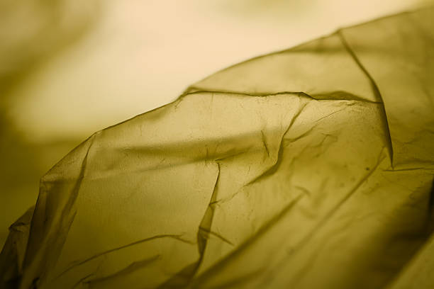 Extreme close up of yellow empty plastic bag background. The plastic surface is wrinkly and tattered making abstract pattern. Selective focus, shallow depth of field.