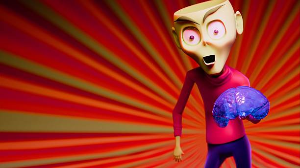 Horizontal 3D render of a pale green alien figure wearing a red turtleneck and purple trousers, shown from mid-thigh up. The top of the character's skull is missing, revealing an empty cranial cavity.